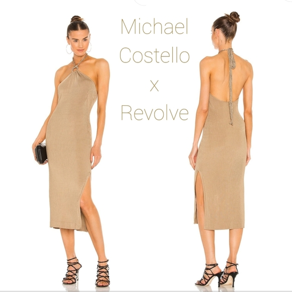 P R I C E ⬇️ Revolve x Michael Costello Metallic Gold Halter Midi Dress NWT - Picture 1 of 11